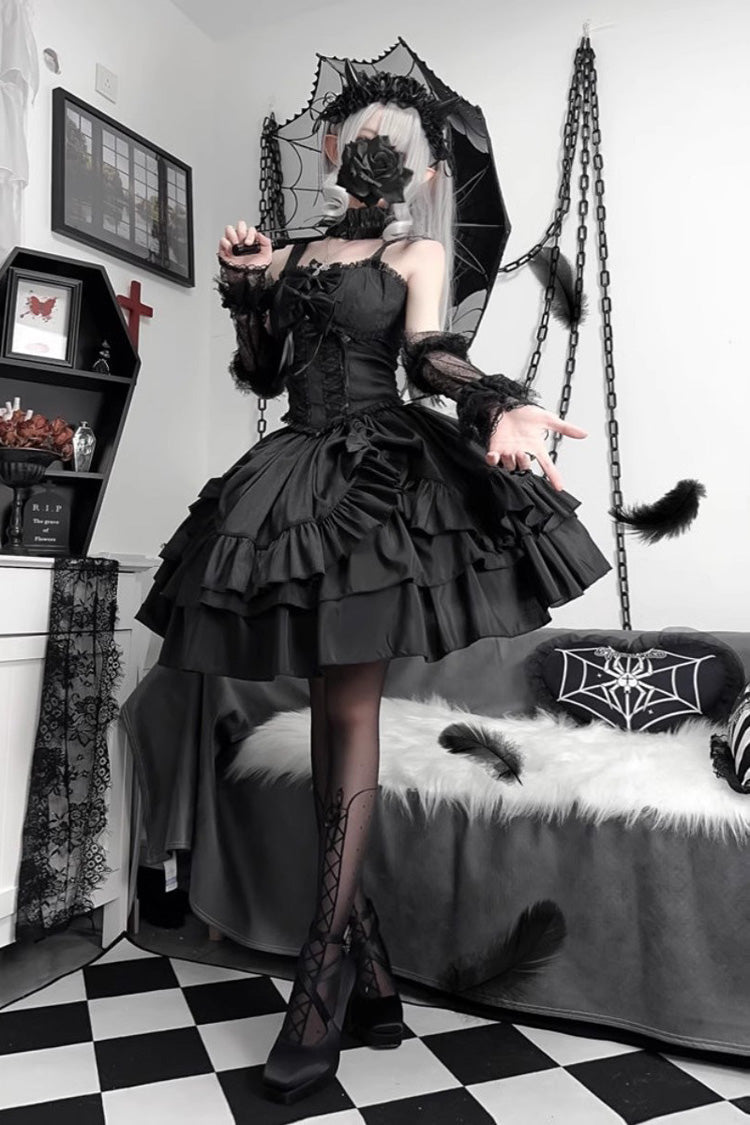Ruffled Lolita Skirt - Butterfly Officer, Black, Lace-Up, Gothic Style, Bow Detail - additional product view 3