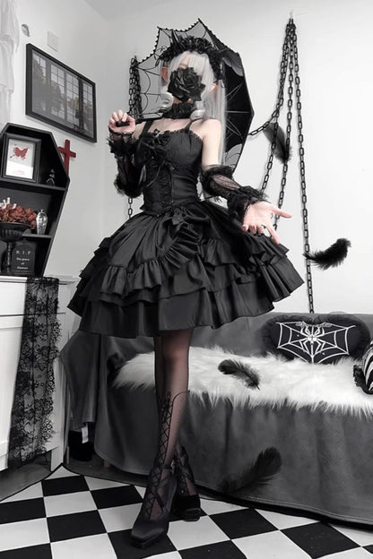 Ruffled Lolita Skirt - Butterfly Officer, Black, Lace-Up, Gothic Style, Bow Detail - additional product view 3
