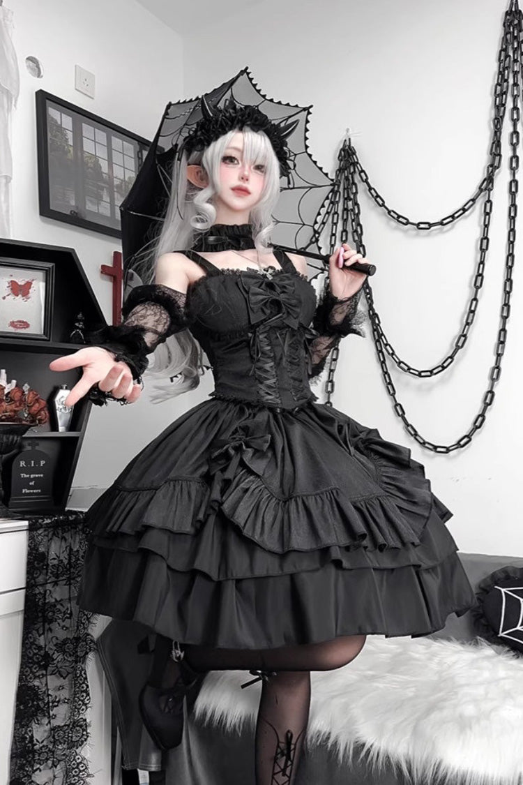 Ruffled Lolita Skirt - Butterfly Officer, Black, Lace-Up, Gothic Style, Bow Detail - additional product view 4