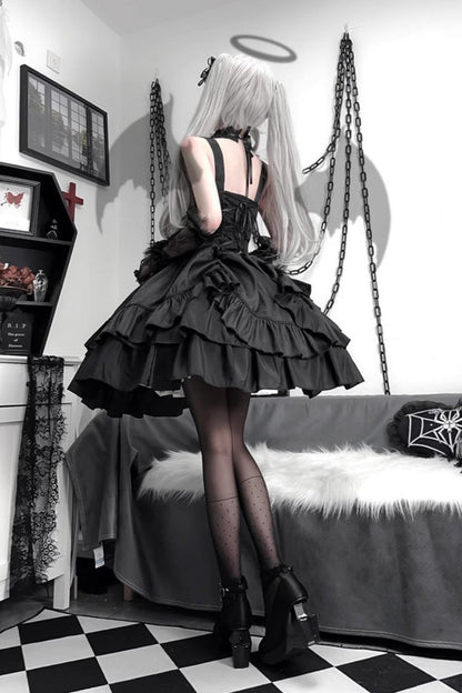 Ruffled Lolita Skirt - Butterfly Officer, Black, Lace-Up, Gothic Style, Bow Detail - additional product view 8