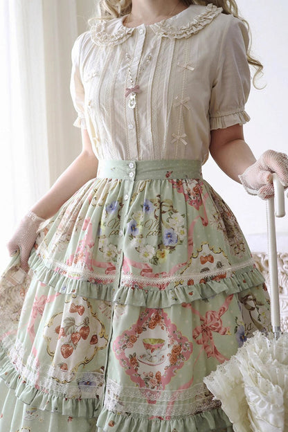 Ruffled Lolita Skirt - Cat Rose Tea, Green, Sweet Style, Lace Trim, Ruffled - additional product view 4