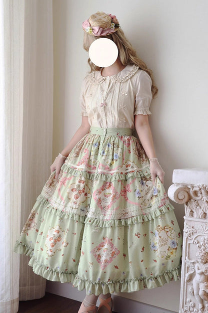Ruffled Lolita Skirt - Cat Rose Tea, Green, Sweet Style, Lace Trim, Ruffled - main product image