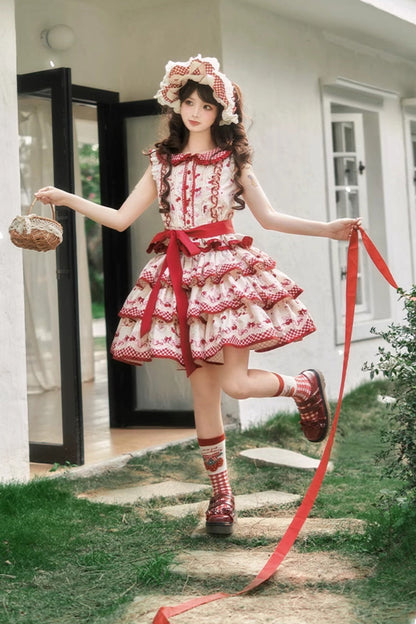Ruffled Lolita Skirt - Cherries Are Ripe, Red, Printed, Layered, Sweet Style - additional product view 6