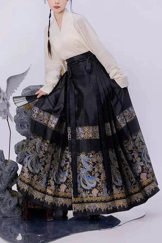 Ruffled Lolita Skirt - Chinese Style Print High Waisted, Black, High Waist, Women's Style - main product image
