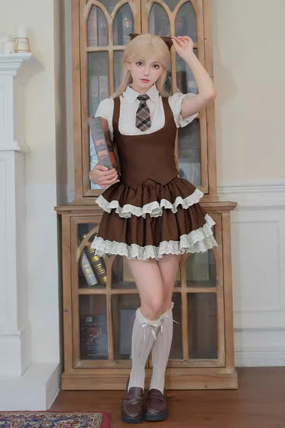 Ruffled Lolita Skirt - Coco Love Letter Double-layered, Brown, Lace Trim, Ruffled - main product image