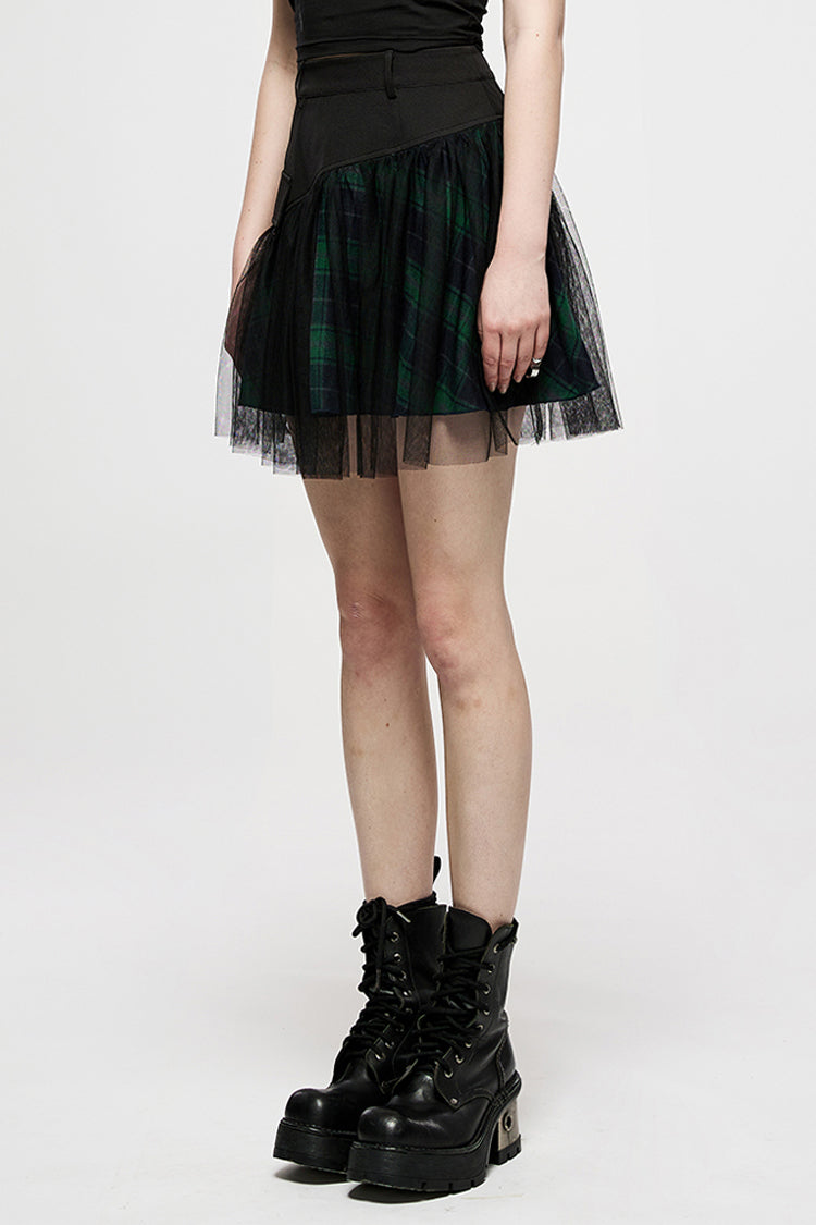 Ruffled Lolita Skirt - Cotton Splicing Mesh Plaid, Green, Plaid, Short Length - additional product view 2