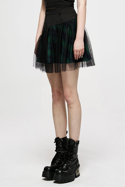 Ruffled Lolita Skirt - Cotton Splicing Mesh Plaid, Green, Plaid, Short Length - additional product view 2