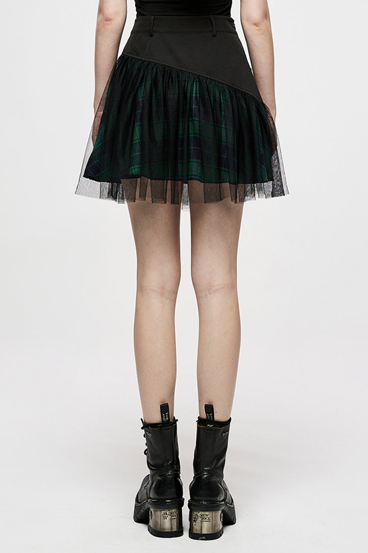 Ruffled Lolita Skirt - Cotton Splicing Mesh Plaid, Green, Plaid, Short Length - additional product view 3