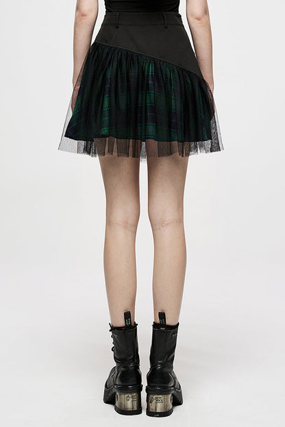 Ruffled Lolita Skirt - Cotton Splicing Mesh Plaid, Green, Plaid, Short Length - additional product view 3
