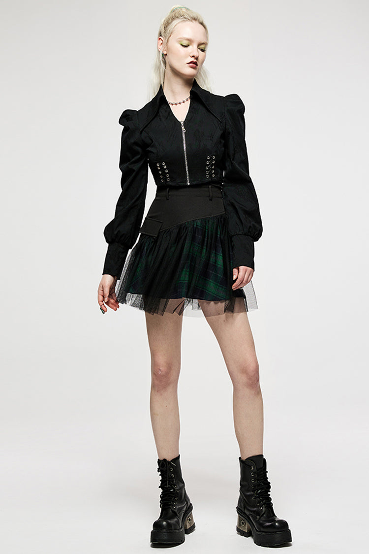 Ruffled Lolita Skirt - Cotton Splicing Mesh Plaid, Green, Plaid, Short Length - additional product view 4