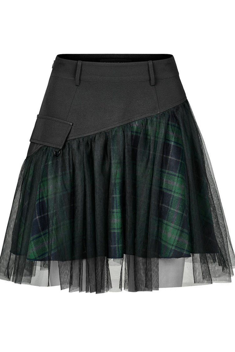 Ruffled Lolita Skirt - Cotton Splicing Mesh Plaid, Green, Plaid, Short Length - additional product view 5