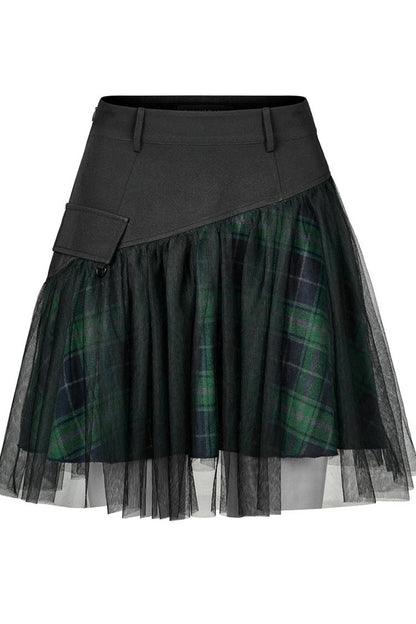 Ruffled Lolita Skirt - Cotton Splicing Mesh Plaid, Green, Plaid, Short Length - additional product view 5