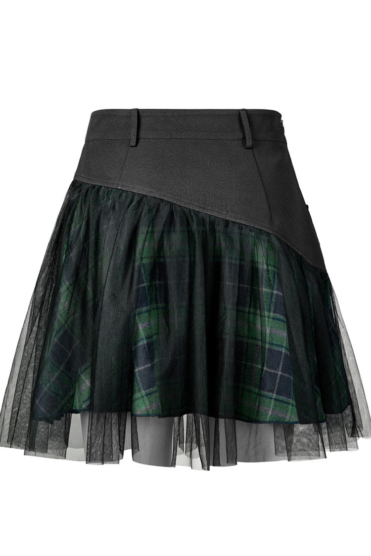 Ruffled Lolita Skirt - Cotton Splicing Mesh Plaid, Green, Plaid, Short Length - additional product view 6
