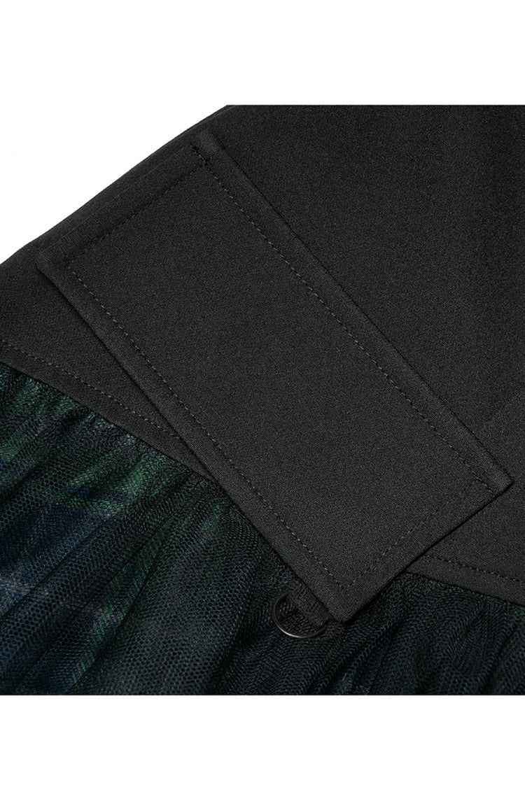Ruffled Lolita Skirt - Cotton Splicing Mesh Plaid, Green, Plaid, Short Length - additional product view 8