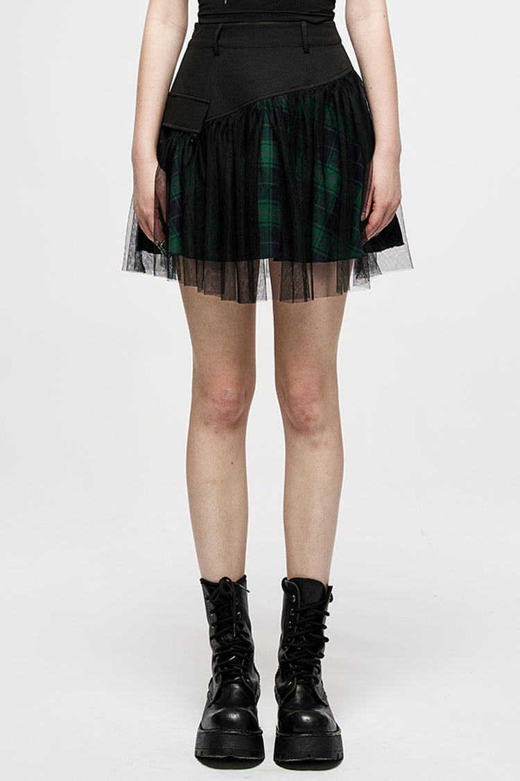 Ruffled Lolita Skirt - Cotton Splicing Mesh Plaid, Green, Plaid, Short Length - main product image