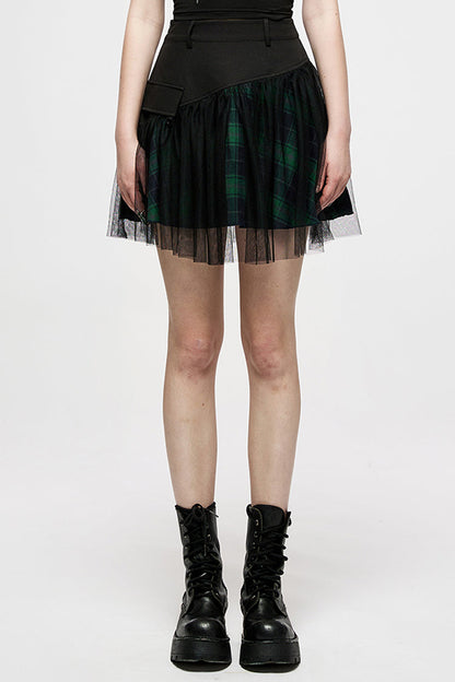 Ruffled Lolita Skirt - Cotton Splicing Mesh Plaid, Green, Plaid, Short Length - main product image