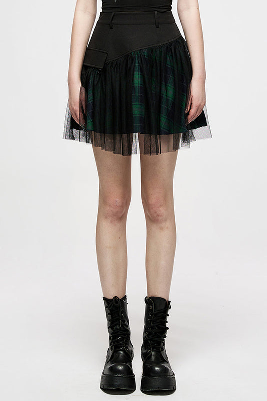 Ruffled Lolita Skirt - Cotton Splicing Mesh Plaid, Green, Plaid, Short Length - main product image