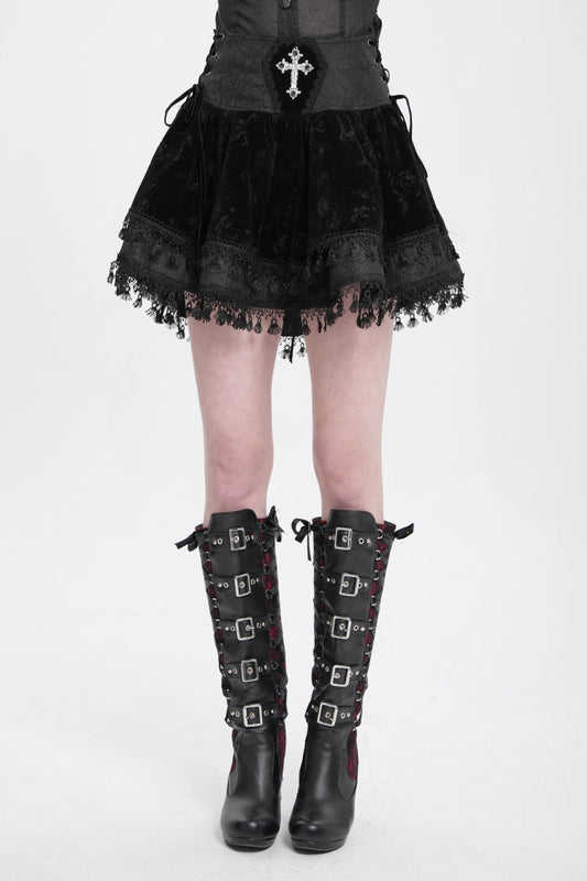 Ruffled Lolita Skirt - Cross Tassel Print, Black, Women's Style, Cross Detail - main product image