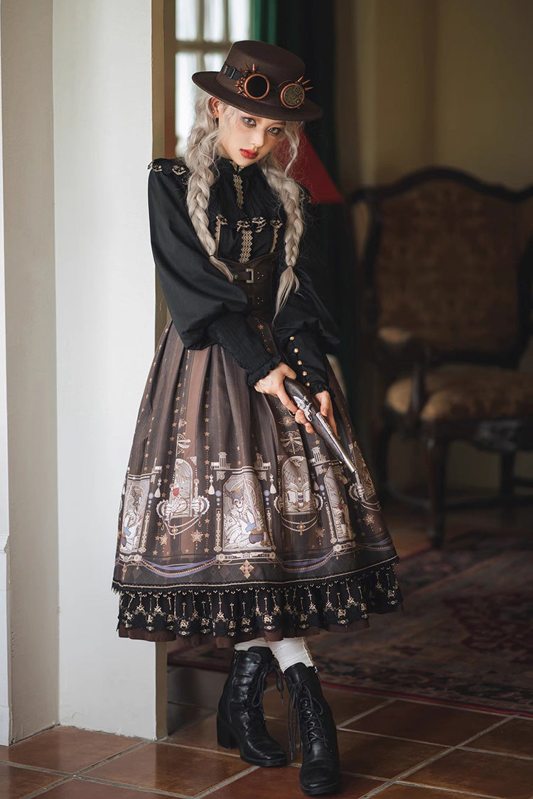 Ruffled Lolita Skirt - Demon Hunting Notes Print, 2 Colors, Printed, Sweet Style, Ruffled - XS Brown / S Brown / M Brown option
