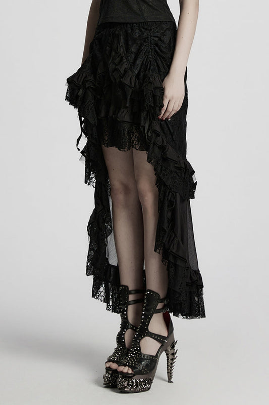 Ruffled Lolita Skirt - Drawstring Hollow, Black, Women's Style, Lace Trim, Punk Style - additional product view 2