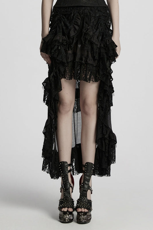 Ruffled Lolita Skirt - Drawstring Hollow, Black, Women's Style, Lace Trim, Punk Style - main product image