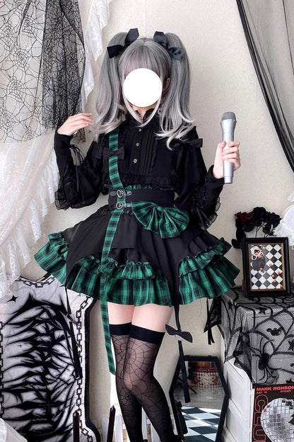 Ruffled Lolita Skirt - Electronic Kitten Dark Girl, 3 Colors, Plaid, Gothic Style - S Green / M Green / L Green option