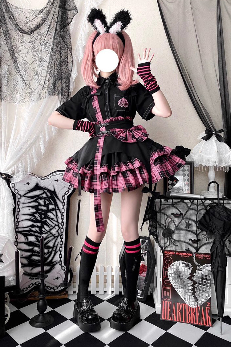 Ruffled Lolita Skirt - Electronic Kitten Dark Girl, 3 Colors, Plaid, Gothic Style - S Pink / M Pink / L Pink option
