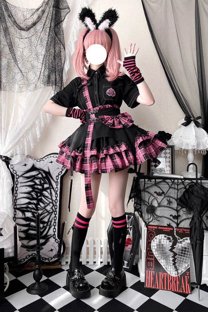 Ruffled Lolita Skirt - Electronic Kitten Dark Girl, 3 Colors, Plaid, Gothic Style - S Pink / M Pink / L Pink option