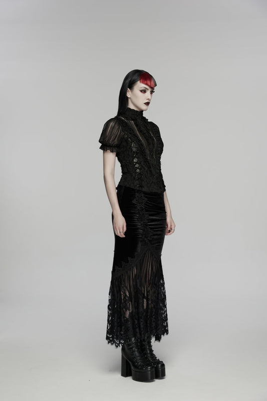 Ruffled Lolita Skirt - Embroidered Lace Slim Fishtail, Black, Fishtail Silhouette - additional product view 2