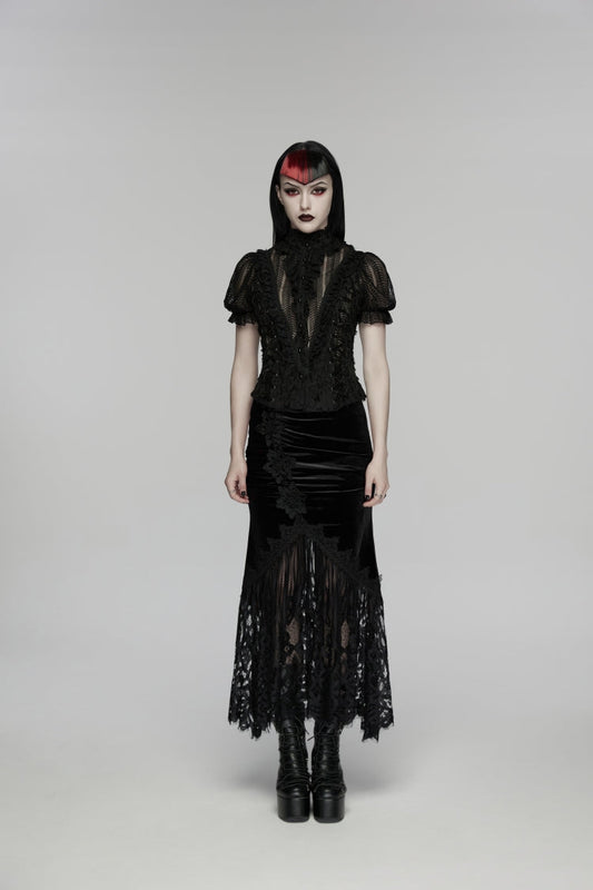 Ruffled Lolita Skirt - Embroidered Lace Slim Fishtail, Black, Fishtail Silhouette - main product image