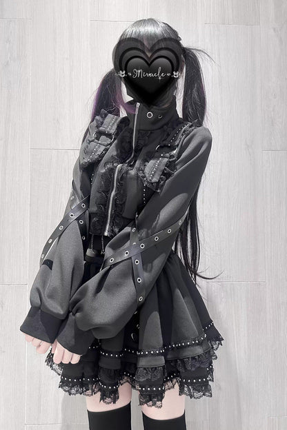 Ruffled Lolita Skirt - False Judgment, Black, Zipper Detail, Lace Trim, Ruffled - additional product view 2