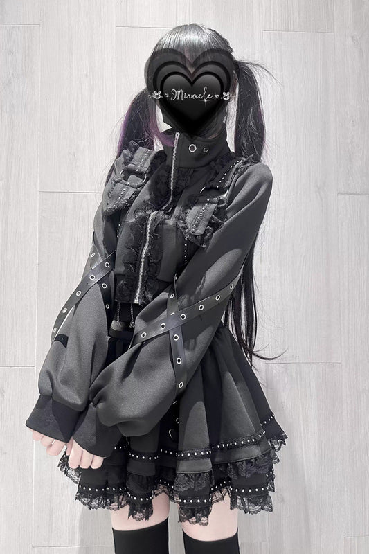 Ruffled Lolita Skirt - False Judgment, Black, Zipper Detail, Lace Trim, Ruffled - additional product view 2