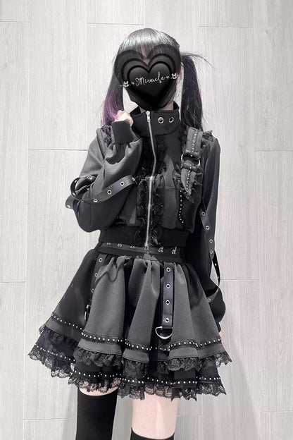 Ruffled Lolita Skirt - False Judgment, Black, Zipper Detail, Lace Trim, Ruffled - additional product view 3