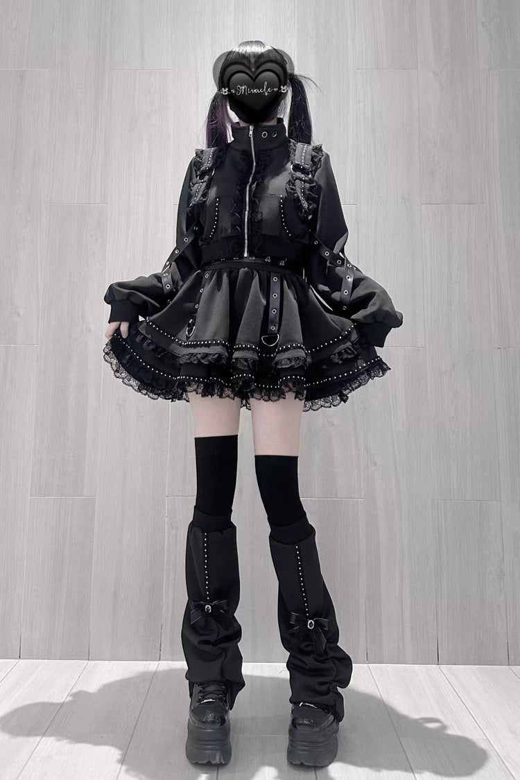 Ruffled Lolita Skirt - False Judgment, Black, Zipper Detail, Lace Trim, Ruffled - additional product view 4