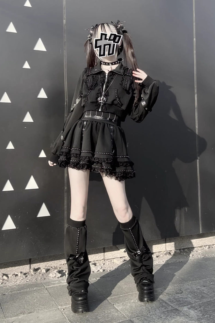 Ruffled Lolita Skirt - False Judgment, Black, Zipper Detail, Lace Trim, Ruffled - additional product view 5
