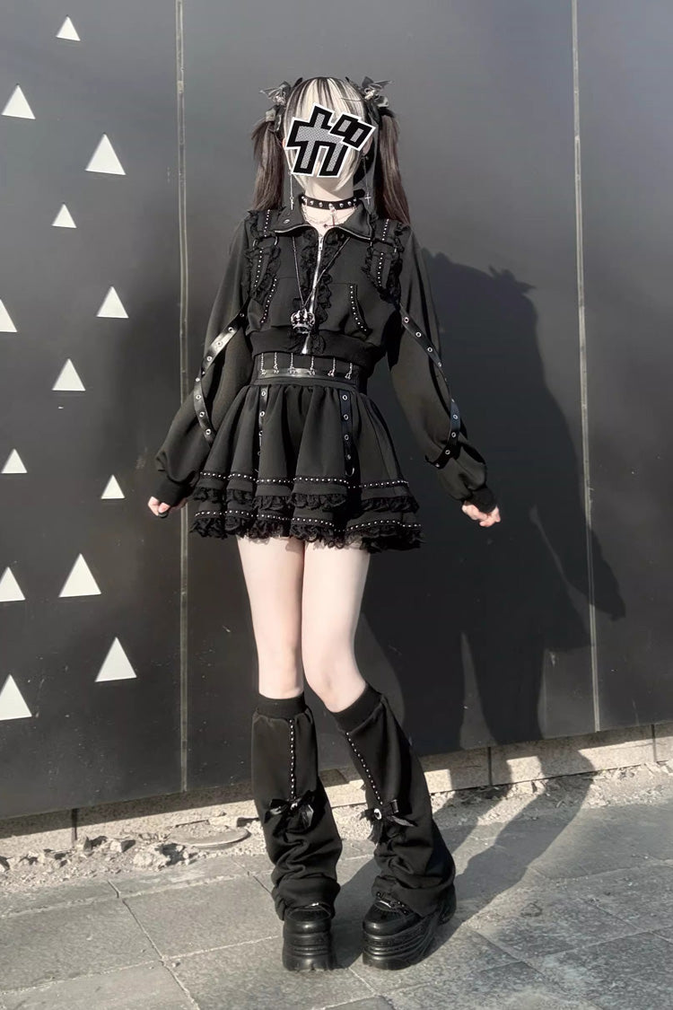 Ruffled Lolita Skirt - False Judgment, Black, Zipper Detail, Lace Trim, Ruffled - additional product view 6
