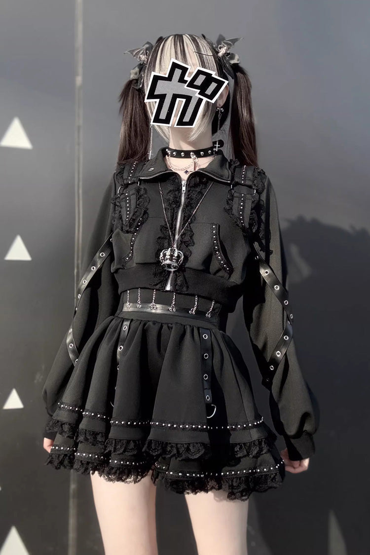 Ruffled Lolita Skirt - False Judgment, Black, Zipper Detail, Lace Trim, Ruffled - additional product view 8