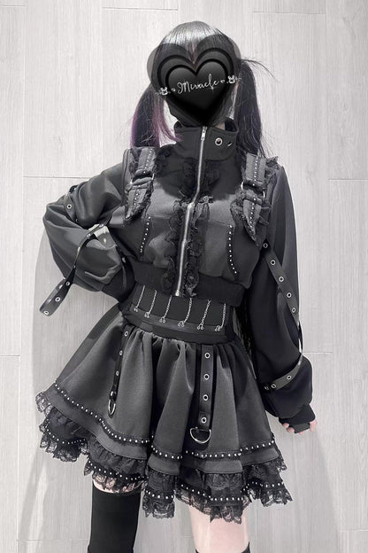 Ruffled Lolita Skirt - False Judgment, Black, Zipper Detail, Lace Trim, Ruffled - main product image