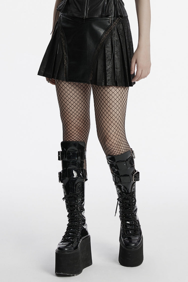 Ruffled Lolita Skirt - Faux Leather Pleated Stitching, Black, Pleated, Women's Style - additional product view 2