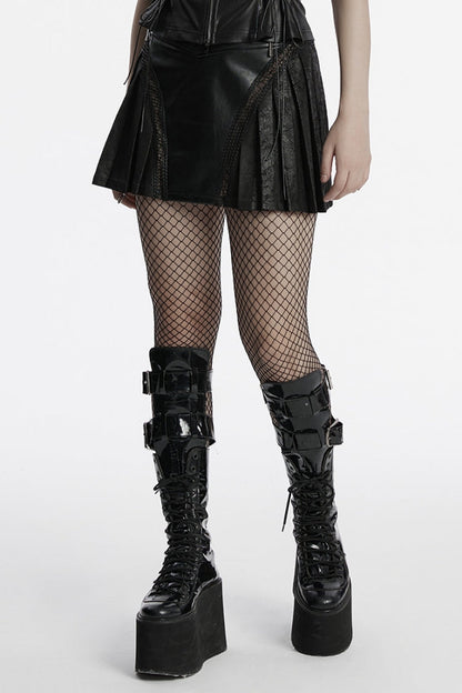 Ruffled Lolita Skirt - Faux Leather Pleated Stitching, Black, Pleated, Women's Style - additional product view 2