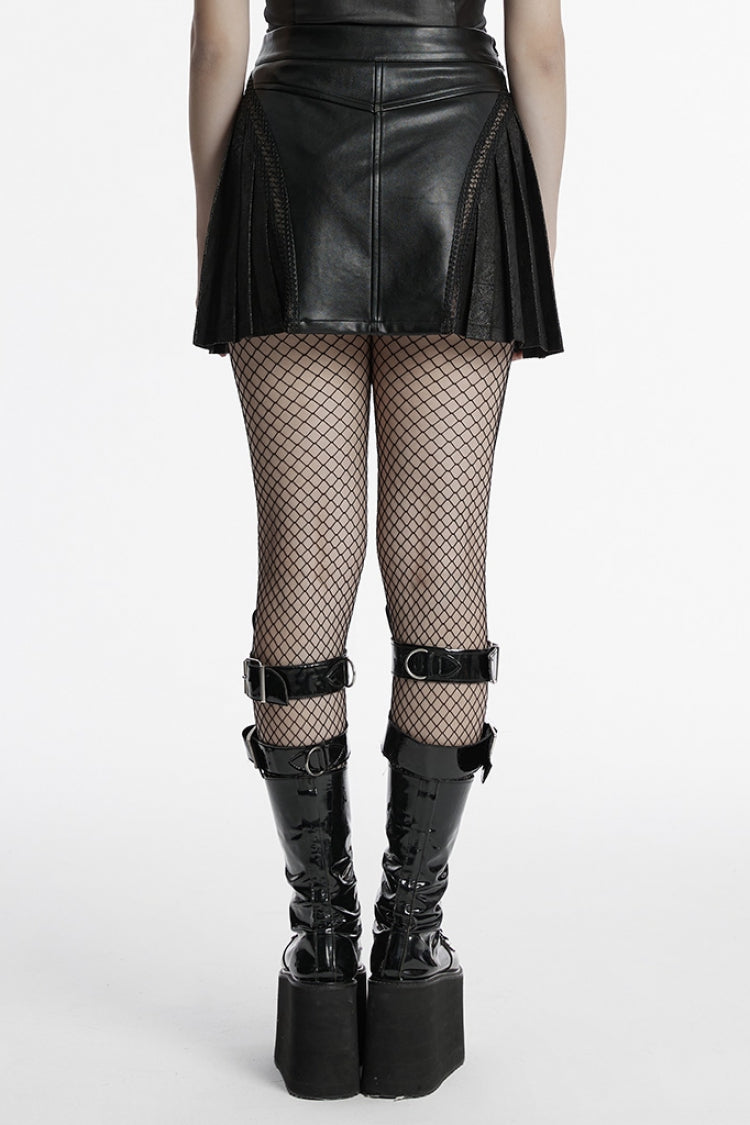 Ruffled Lolita Skirt - Faux Leather Pleated Stitching, Black, Pleated, Women's Style - additional product view 3