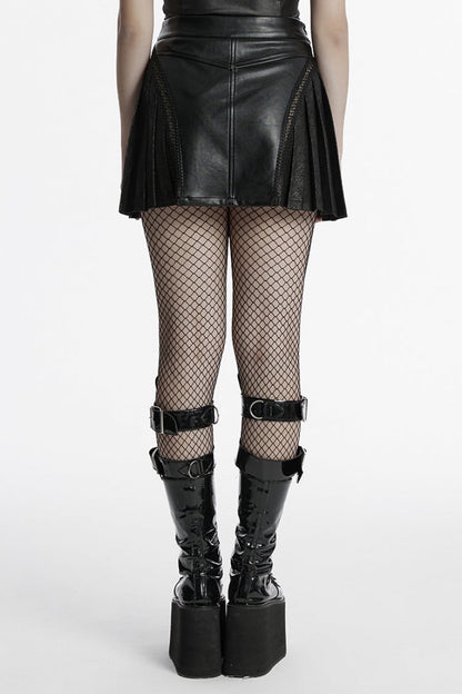 Ruffled Lolita Skirt - Faux Leather Pleated Stitching, Black, Pleated, Women's Style - additional product view 3