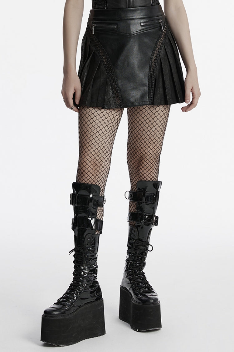 Ruffled Lolita Skirt - Faux Leather Pleated Stitching, Black, Pleated, Women's Style - main product image