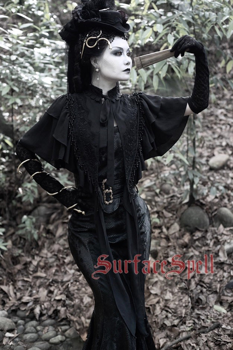 Ruffled Lolita Skirt - Faux Leather Snake Print Flared, Black, Gothic Style, Printed - additional product view 2