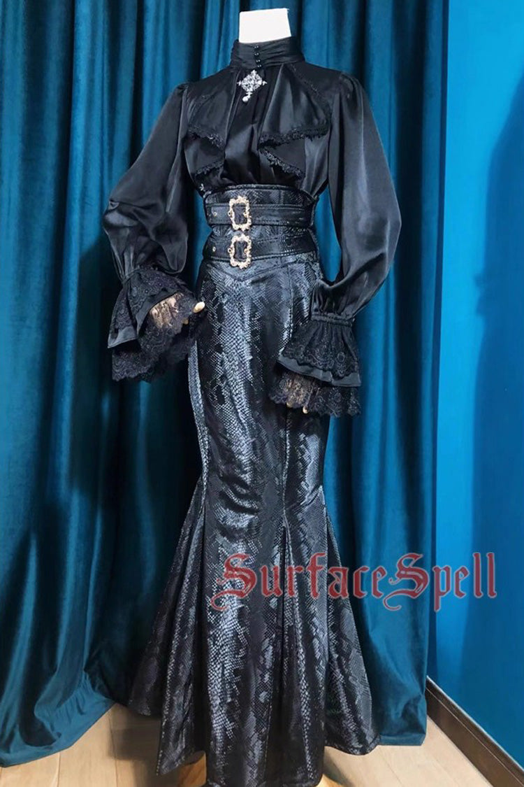 Ruffled Lolita Skirt - Faux Leather Snake Print Flared, Black, Gothic Style, Printed - additional product view 3