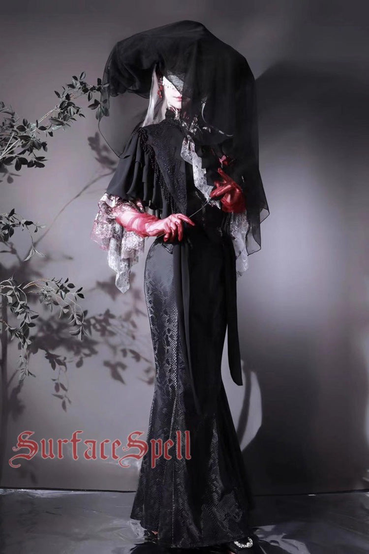 Ruffled Lolita Skirt - Faux Leather Snake Print Flared, Black, Gothic Style, Printed - additional product view 4