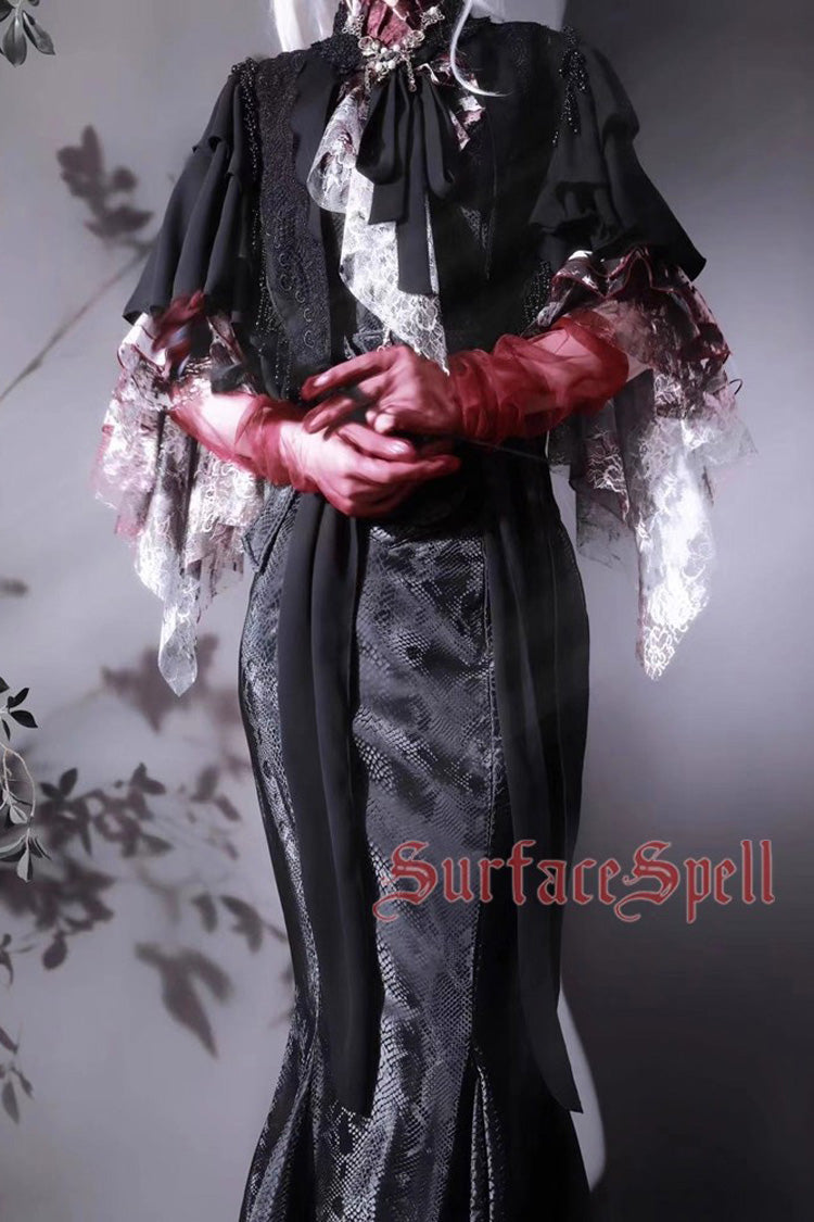 Ruffled Lolita Skirt - Faux Leather Snake Print Flared, Black, Gothic Style, Printed - additional product view 5