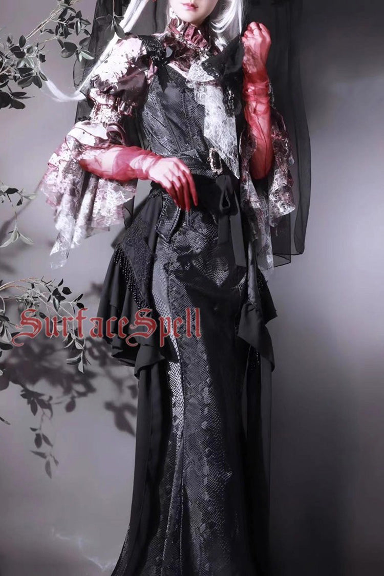 Ruffled Lolita Skirt - Faux Leather Snake Print Flared, Black, Gothic Style, Printed - additional product view 6