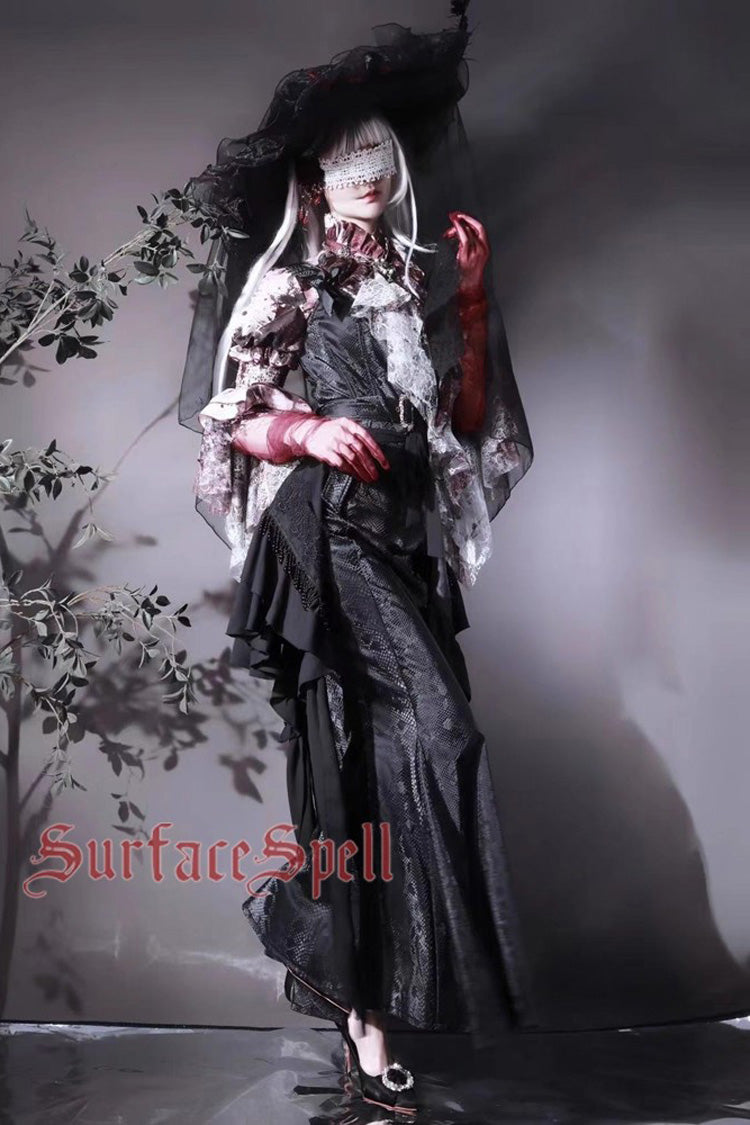 Ruffled Lolita Skirt - Faux Leather Snake Print Flared, Black, Gothic Style, Printed - additional product view 7