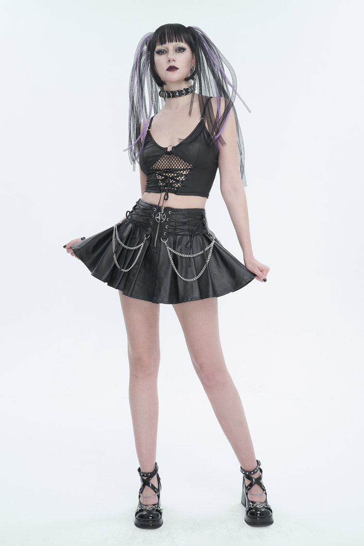 Ruffled Lolita Skirt - Faux Leather Web Eyelet, Black, Pleated, Women's Style - additional product view 4